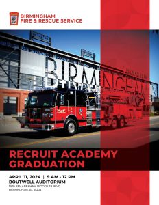 Image shows the front cover of the graduation program for the Birmingham Fire and Rescue Service Recruit Academy Graduation.
